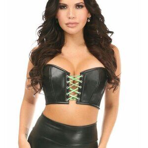 DAISY CORSET Faux leather green neon tie lace up short‎ bustier NEW